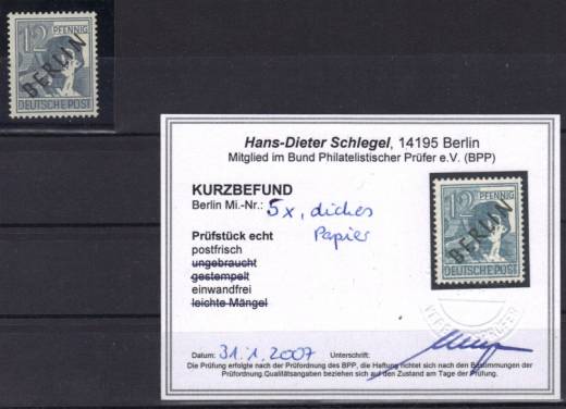 Berlin Nr.  5x dickes Papier ** Befund Schlegel BPP