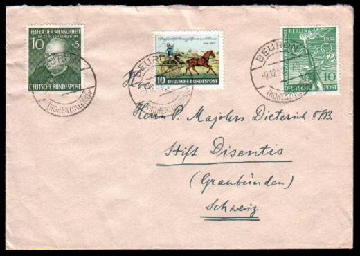 BRD MiF Nr.157, 160 + Berlin Nr.89 von Beuron in d. Schweiz