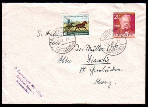 BRD MiF Nr.160 + Berlin Nr.97 von Beuron in d. Schweiz