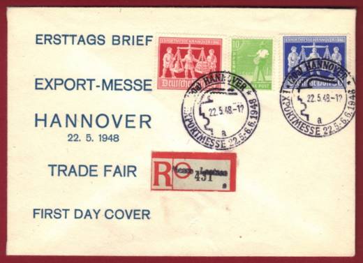 FDC Sonderumschlag blau Einschreiben 969-970 EXPO Hannover 1948