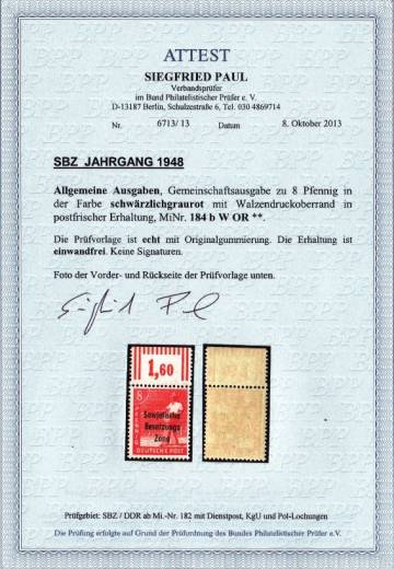 SBZ Nr. 184b W OR. Attest Paul BPP!