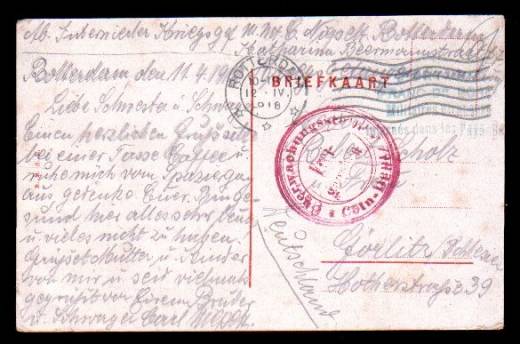 Ansichtskarte, Kriegsgefangener 1918, Rotterdam - Görlitz über Köln