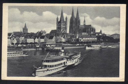 Schifffahrts-AK Raddampfer Köln, Dom 1943, Werbestempel Vollkornbrot