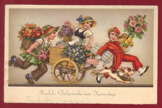 Grußkarte Namenstag, Hotelboy, Blumen, Hund ca.1920
