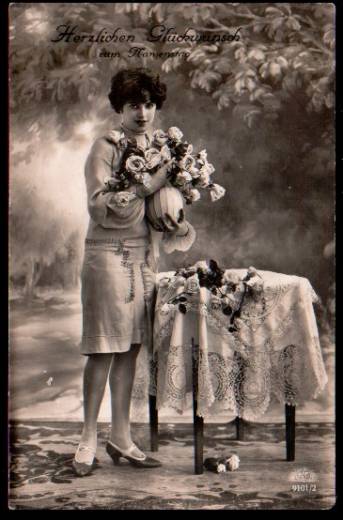 Greeting Card Birthday, woman, flowers, ca.1930