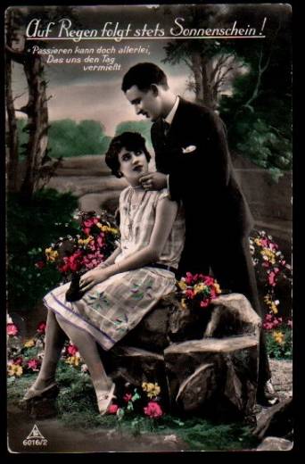Greeting Card Love couple in the woods, colored, ca.1930