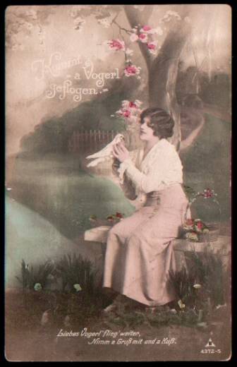 Grußkarte Kommt a Vogerl geflogen coloriert ca.1920