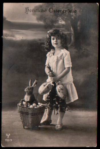 Greeting Card Easter, girl, rabbit, eggs, ca.1920