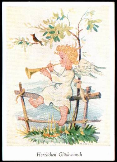 Artistical Congratulation card Angel with Trumpet, ca.1950