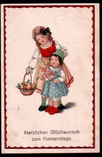 Artist name-card, girl, fruit basket, flowers, from 1919