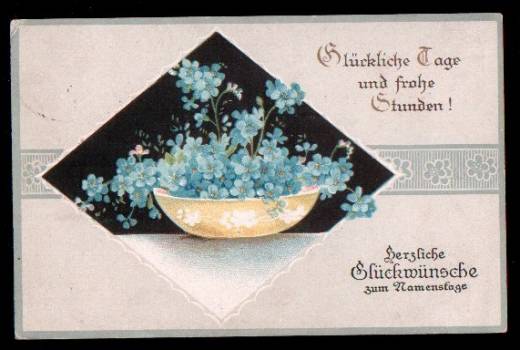 Greeting Card name day, blue Leinblüten in bowl, 1921