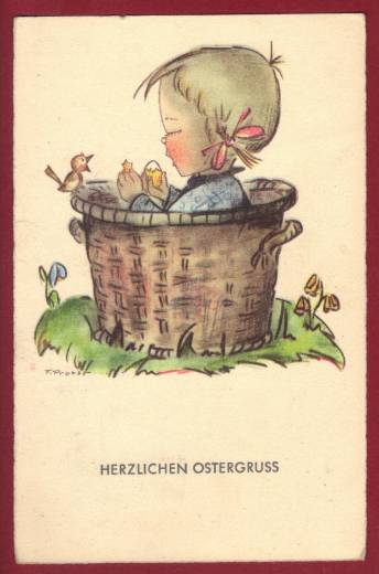Grußkarte Ostern,Kind im Korb m. Ei und Vogel, ca. 1950