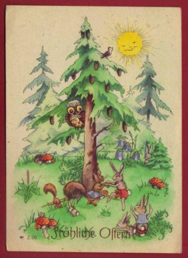 Grußkarte Ostern, Eule, Eichhorn, Hase, Pilz, Wald, Sonne, ca.1950
