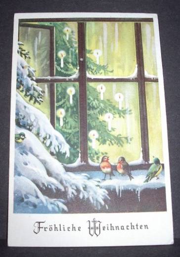 Grußkarte Weihnachten, Rotkehlchen, Meisen v. Fenster, ca. 1950
