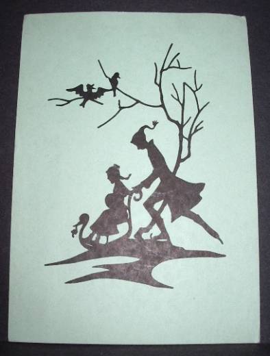 Scherenschnitt-Grußkarte Winter, Schlitten, Schlittschuhfahrt, ca. 1950