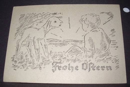 Grußkarte Ostern, Lamm, Junge, Sonnenaufgang, ca.1950