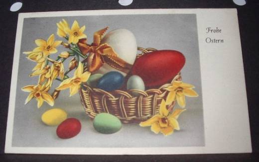 Grußkarte Ostern, Eierkorb, Narzissen, ca.1950