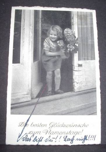 Photo Greeting Card Girl with Flowers, ca.1950