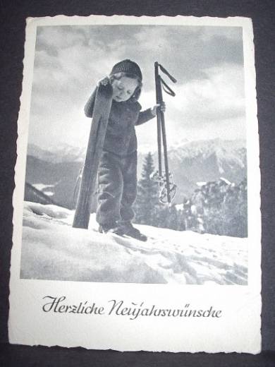 Photo Greeting Card little girl with skis,, ca.1950