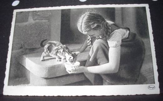 Photo Card, Girl feeding kitten, ca.1940