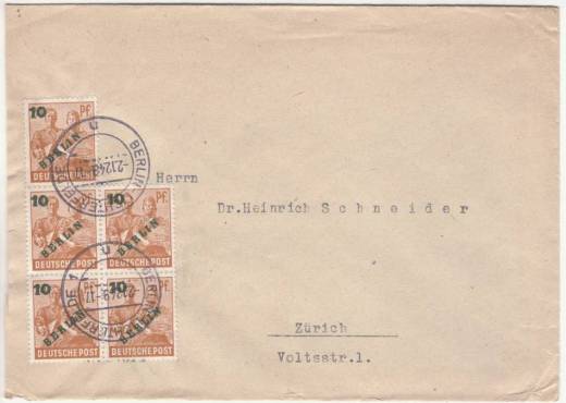 Berlin MeF (5) Nr.65 auf Auslansbrief 2.GS Schweiz 2.12.49!