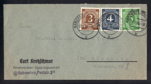 Frühverwendung Nr. 913, 914 + 915 aus Rabenstein - Chemnitz 27.2.46