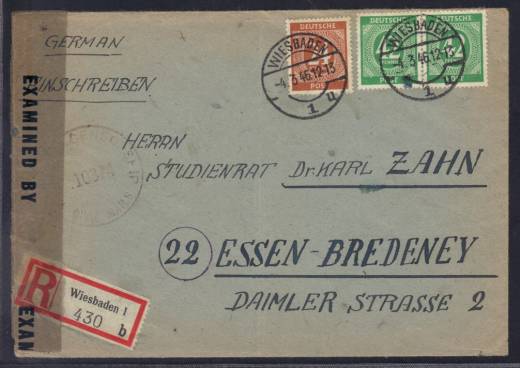 Frühverwendung Nr. 925 + 930 auf Einschreibe-Zensurbrief Wiesbaden / Essen 4.3.46