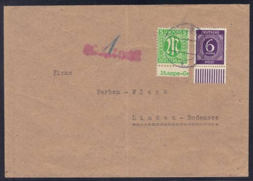 Frühverwendung Nr. 916 + AM-Post, Teilbarfrankatur Fürth - Lindau 22.02.46 !!!RRR