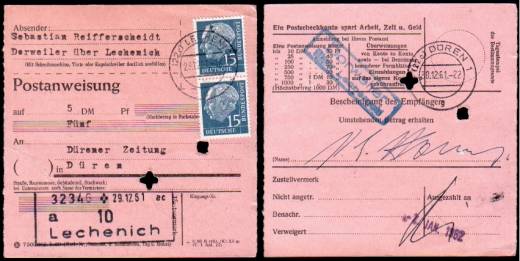 BRD MeF Heuß Nr.184 Postanweisung Dorweiler - Düren