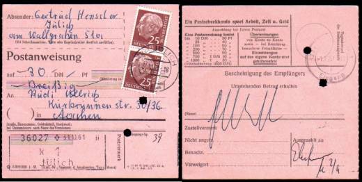 BRD MeF Heuß Nr.186 Postanweisung Jülich - Aachen