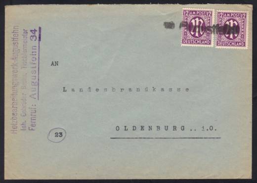 Bizone Nr. 15 MeF Brief m. Notstempel Augustfehn Type a!