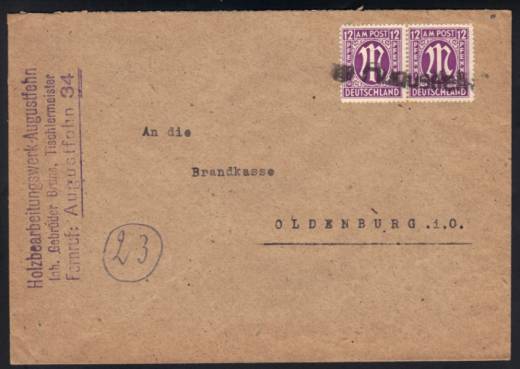 Bizone Nr. 15 MeF Brief m. Notstempel Augustfehn Type a!