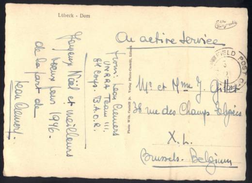 Feldpoststempel der UNRRA auf AK Lübeck 12.12.45