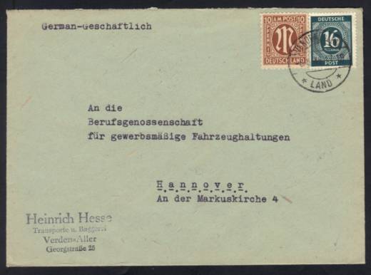 DR-Altstempel Verden (Aller) Land auf Fernbrief der 1. GS, 6.6.46