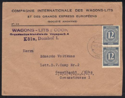 Fernbrief ins Lettische D.P. Camp Geesthacht der  WAGONS-LITS // COOK-Reisen!!!