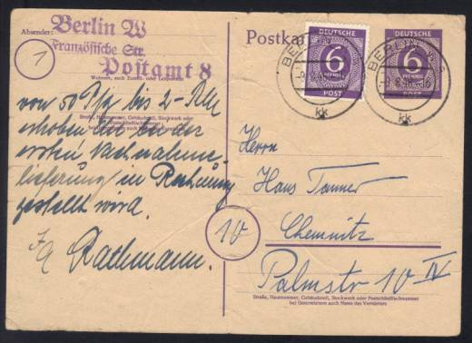 Postgeschichte / interessante Antwortkarte vom Postamt Berlin W8, 9.8.46!!