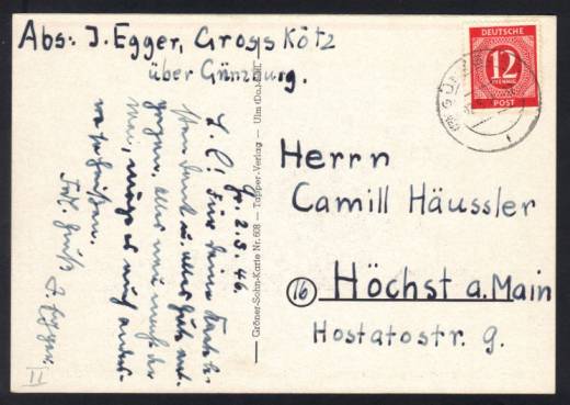 919a EF auf Fernpostkarte / Groß Kötz-Günzburg  2.5.46