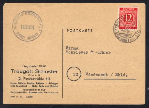 919a EF auf Fernpostkarte mit Zensur / Finsterwalde 5.4.46