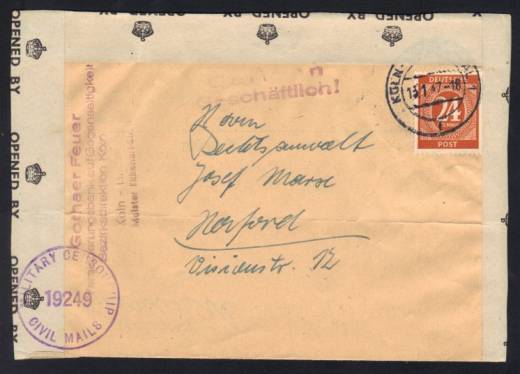 925a EF auf Fernbrief 1.GS Faltbrief mit rundum Zensur + 3 Zensurstempeln / Köln 13.1.47