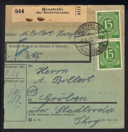 MeF Nr.922 (8) auf grünem Postgutkartenformular C20c als Paketkarte f. ein Paket 1,5 Kg - 3. Zone