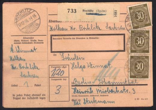 MeF Nr.928 (4) auf vollständiger Paketkarte mit anhängender rosa Doppel-Notpaketkarte C18 für ein Paket 3 Kg - 3. Zone / DR-Altstempel Rochlitz 17.12.46