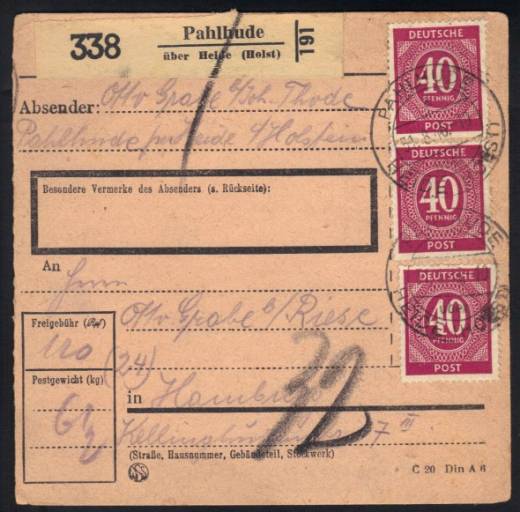 MeF Nr.929 (3) auf Paketkarte für ein Paket 6,5 Kg - 2. Zone / Landpostst. Pahlbude über Heide 31.8.46