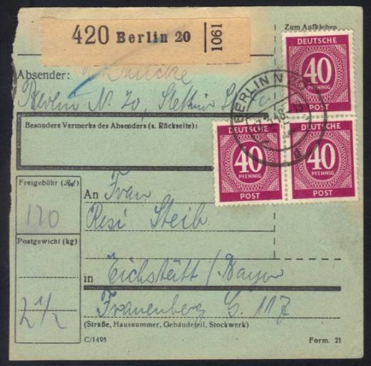 MeF Nr.929 (3) auf Paketkarte auf grünem Postgutkarton gedruckt für ein Paket 2,5 KG - 4. Zone / Berlin 17.3.48