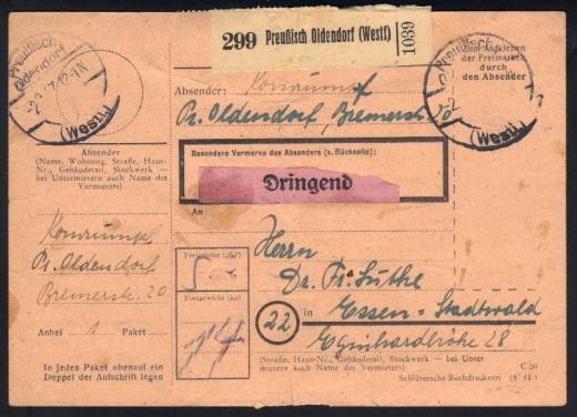 932a MeF (10) auf Paketkarte -Dringend (+200Pfg.) für ein Paket 14 Kg - 2. Zone / Preußisch Oldendorf 2.2.47