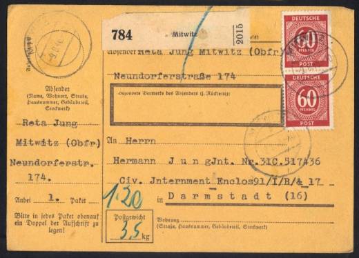 933a MeF (2) auf vollständiger alter DR-Paketkarte für ein Paket 3,5 Kg - 3. Zone in das Zivil-Interniertenlager Darmstadt / Mitwitz 9.8.46