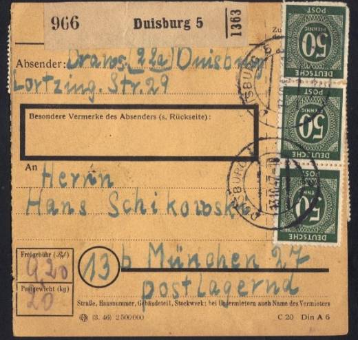 932a MeF (18) auf Paketkarte für ein Paket postlagernd 20 Kg - 4. Zone / Duisburg 13.10.47 !!!RRR