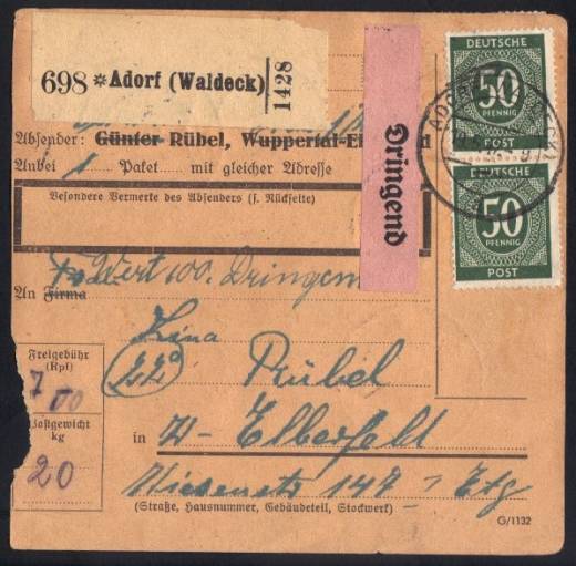 932a MeF (14) auf DR-Selbstbucher-Wertpaketkarte -Dringend (20+200Pfg.) für ein Paket 20 Kg - 2. Zone / Adorf 19.5.47 !!!RRR
