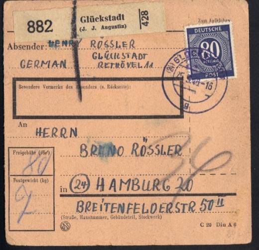 EF Nr.935 auf Selbstbucher-Paketkarte für Paket 7 Kg - 1. Zone / Glückstadt 25.9.46