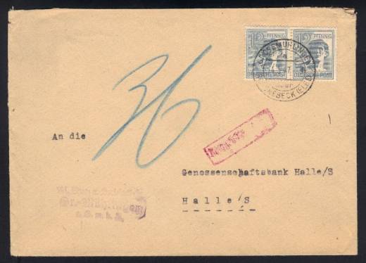 MeF Nr.947 (2) auf Fernbrief 2.GS + 36 Pfg. Nachgebühr / Landpostst. Großmühlingen 14.5.47