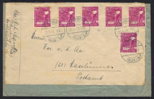 MeF Nr.954 (6) auf Fernbrief 1.GS 10-fach West Letzttag erste Leerung / DR-Altstempel Oldenburg 23.6.48 -7-8 Uhr